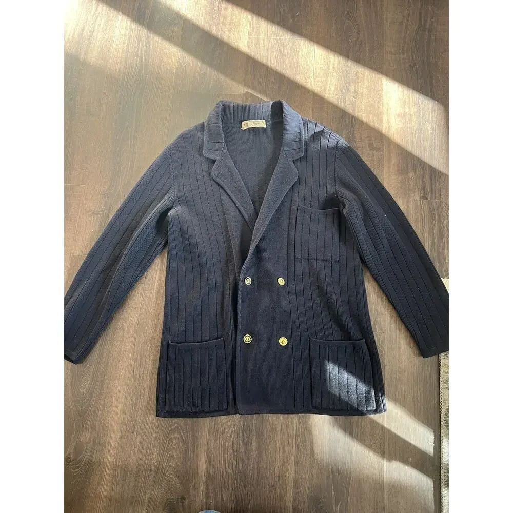 Vintage Navy Blue GUCCI Wool Double Breasted Knit Men Cardigan Sweater 50s 60's